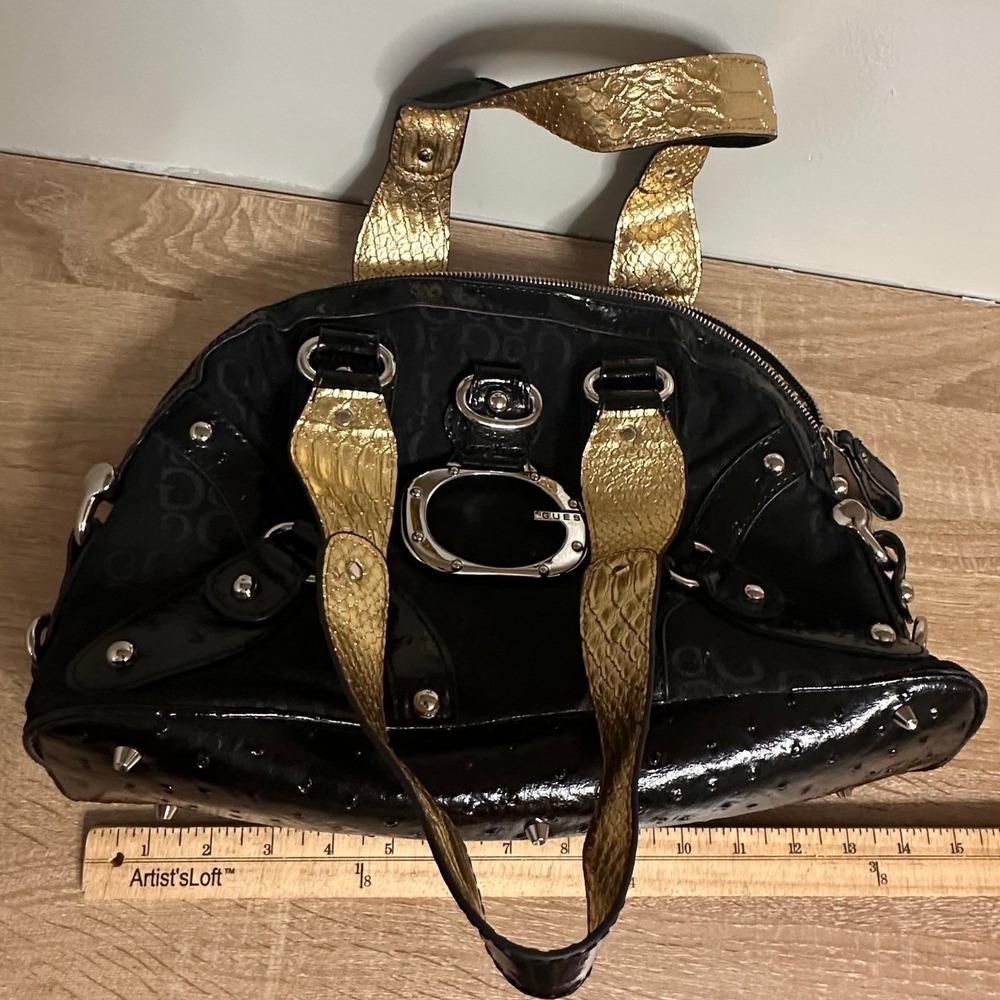 VTG GUESS Y2K Ostrich Print Shoulder Bag Black Patent Leather Indie Sleaze Glam - Picture 13 of 14